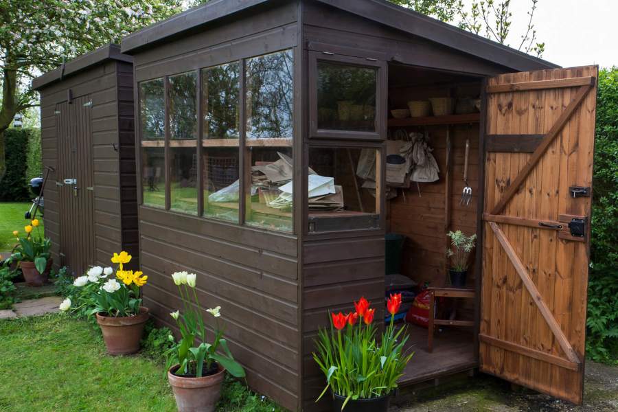 Garden shed exterior with door open, tools, flowers, and plant p