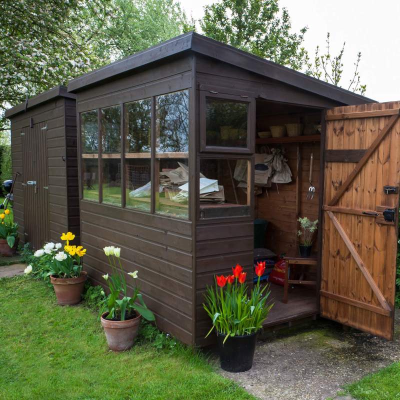 Garden shed exterior with door open, tools, flowers, and plant p